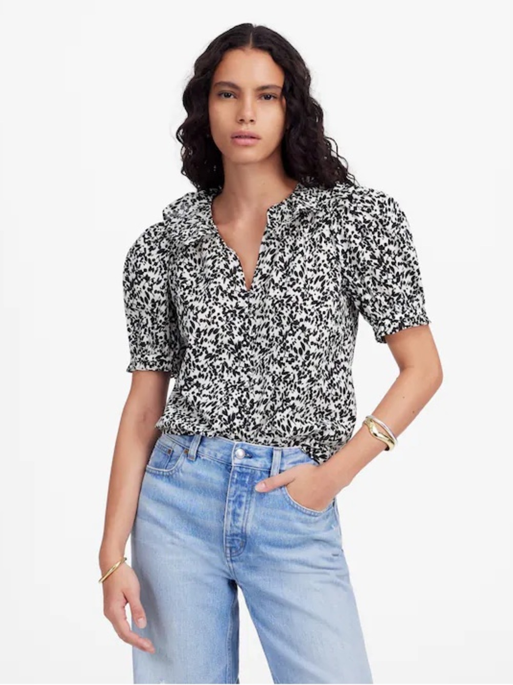 Madewell Abstract Leaf Ruffled Button-Front Top